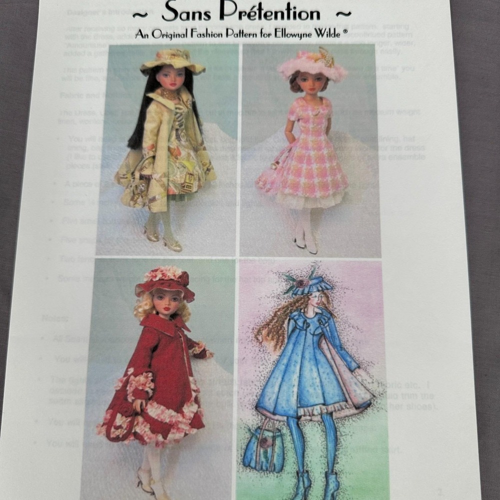 Sans Pretention Ellowyne Wilde Doll Sewing Pattern Dress Coat Hat Purse 16"